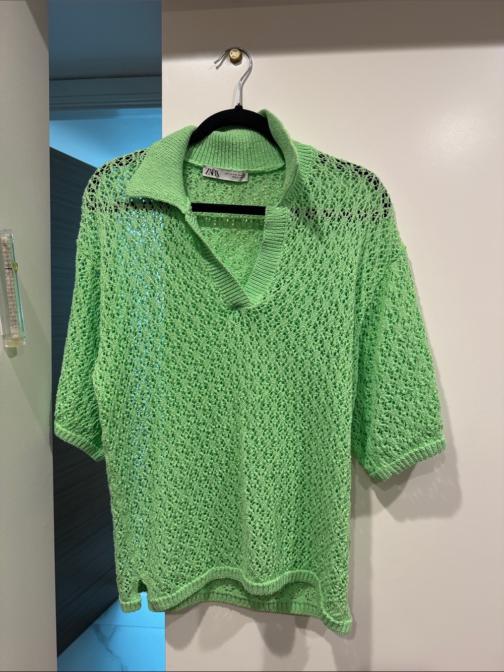 Zara Neon Green Open-Knit Collared Short-Sleeve Sweater